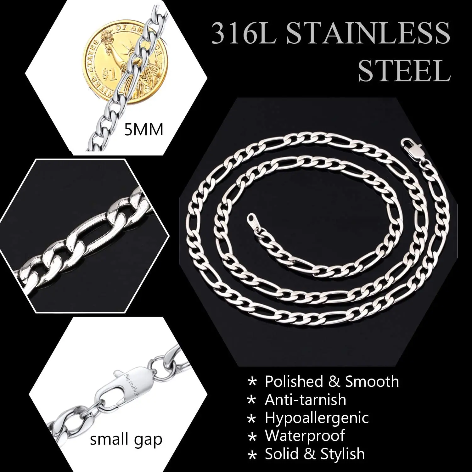 U7 Mens 5mm Figaro Chain Necklace Black Gold Color Stainless Steel Jewelry Daily Acessory QC24