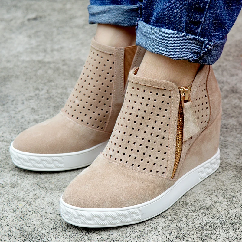 

Fashion Women Perforation Hole High top Suede Ankle Boots Female Thick Sole Wedge Heels Zapato Height Increasing Bottines