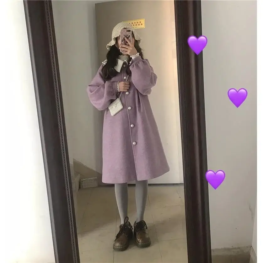 Wool Women Purple Winter Long Coat Kawaii Japanese Style Student Ruched Lantern Sleeve Sweet Harajuku All-match Streetwear Girls