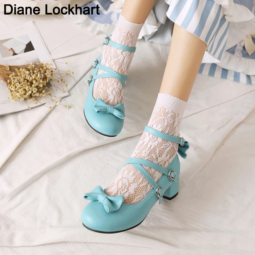 Low Heels 2024 Women Lolita Shoes Ankle Strap Pumps Spring Autumn Bow Princess Casual Cosplay Shoe Girl Students Lovely Party