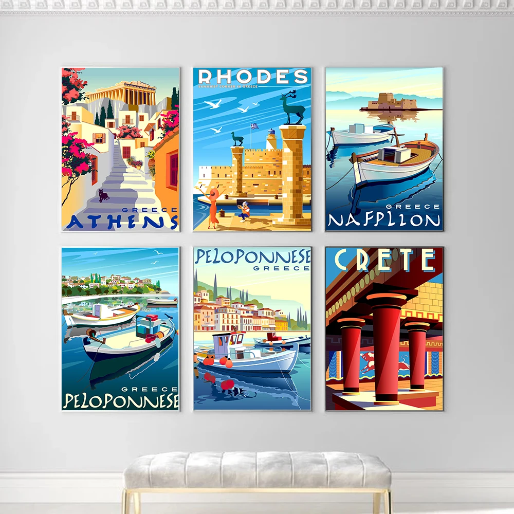 Travel to Greece Athens Rhodes Island Canvas Painting Vintage Wall Posters Fishing Boats Seascape Home Decorative Pictures Gift