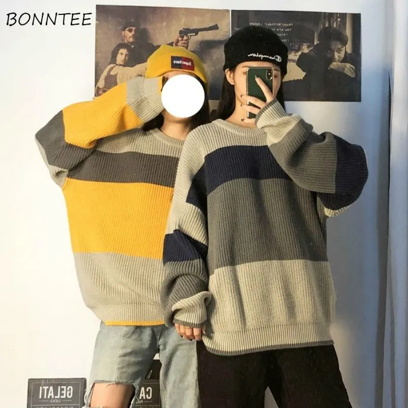 

Pullovers Women High Street Chic BF Style Striped Harajuku Loose Soft Teens Clothing Fall Stylish Long Sleeve Feminino Knitwear