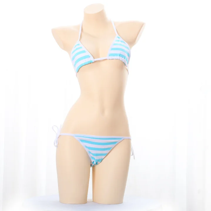 Women\'s blue and white stripe Lace Up Bikini anime Cosplay sexy clothing Kawaii swimsuit underwear set