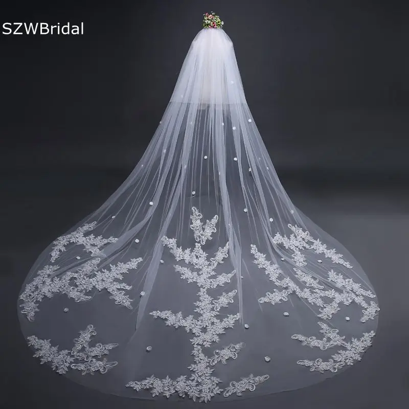 New Arrival Lace Appliques Bridal Veils Two layers Cathedral wedding veil With Comb Wedding accessories sluier birdcage veil Veu