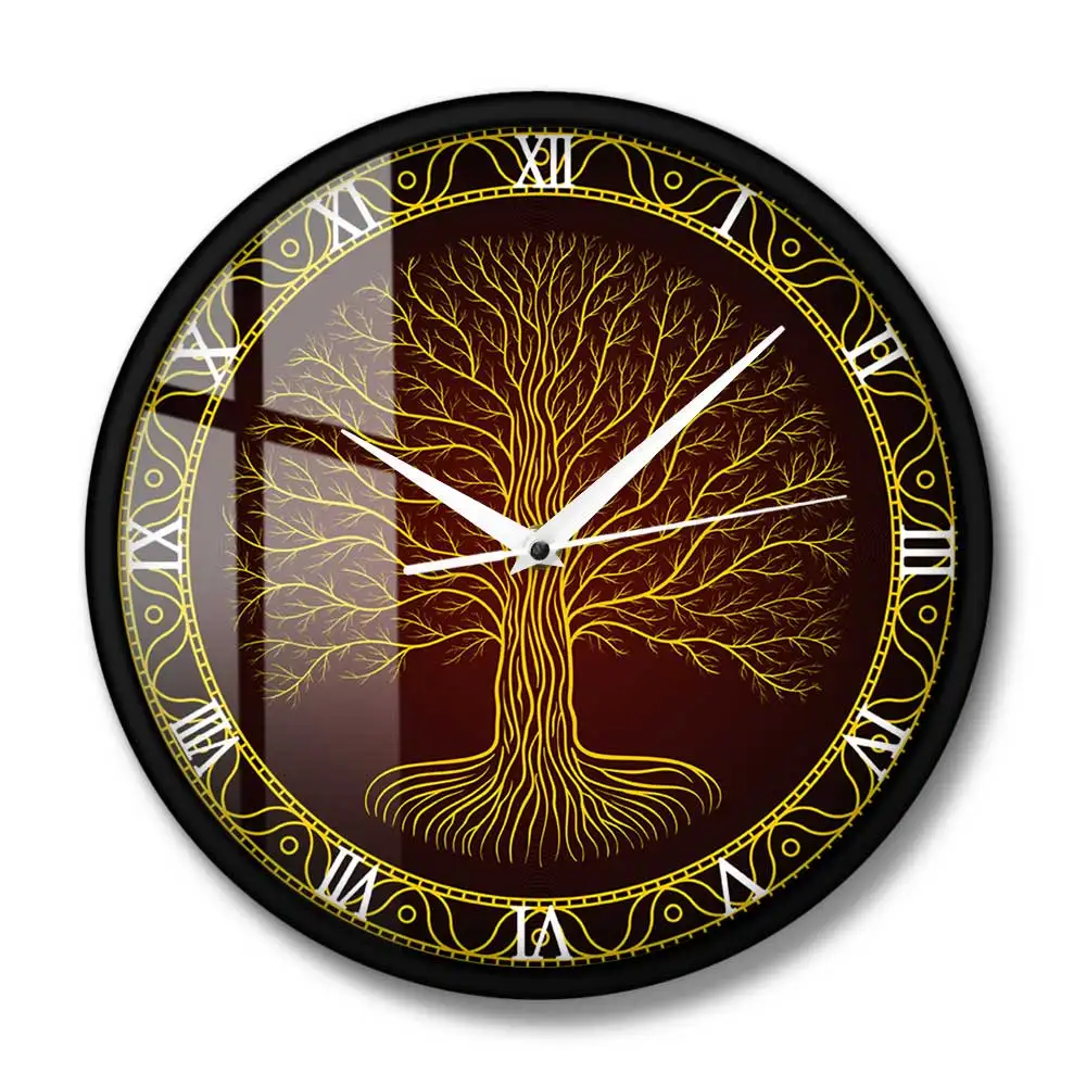 Nordic Sacred Symbol Druidic Yggdrasil Tree Wall Clock Tree Of Life Viking Mystic Amulet Wall Art Home Decor Silent Wall Watch