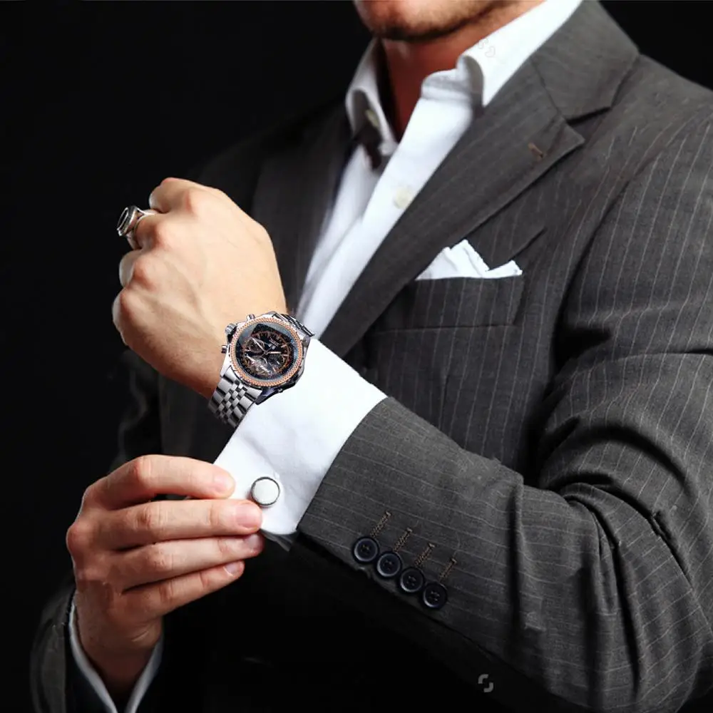 Jaragar Silver Stainless Steel Tourbillion Business Design Calendar Display Mens Mechanical Automatic Watches Top Brand Luxury