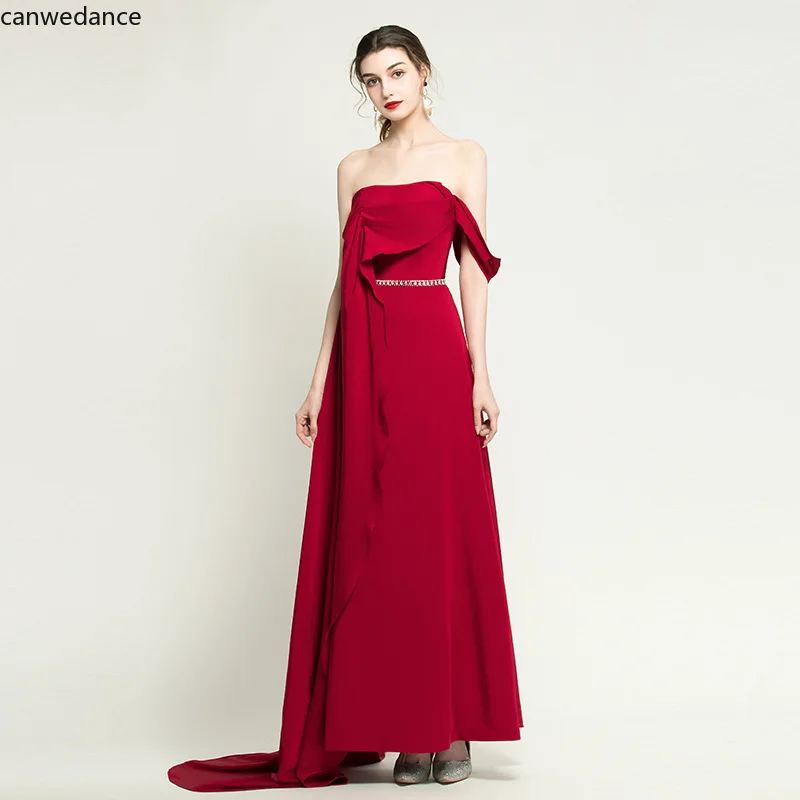 

2020 Red Party Dresses Long Sleeveless Sweetheart Satin Beaded Belt Zipper Back A-Line Evening Party Gowns Vestido De Festa