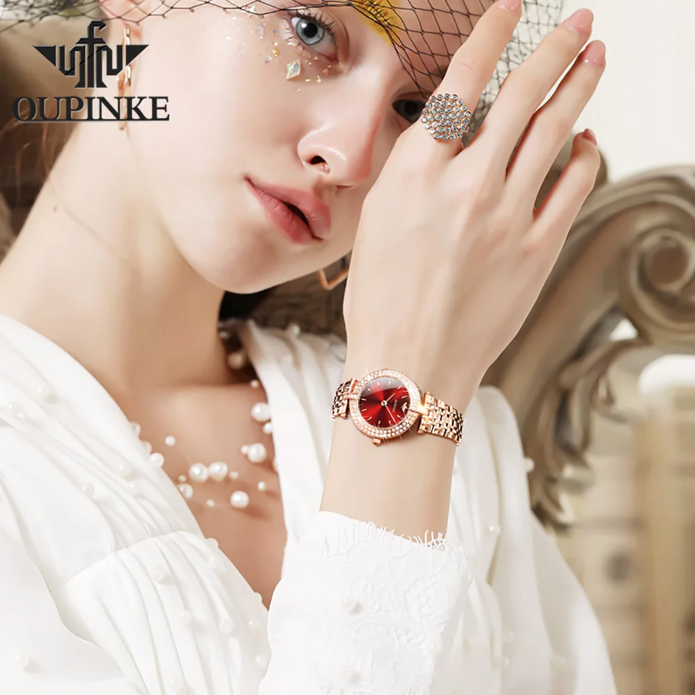 OUPINKE Full Diamond Women\'s Watches Imported Movement Elegant Gold Strap Quartz Watch for Ladies Sapphire Mirror Luxury Watch