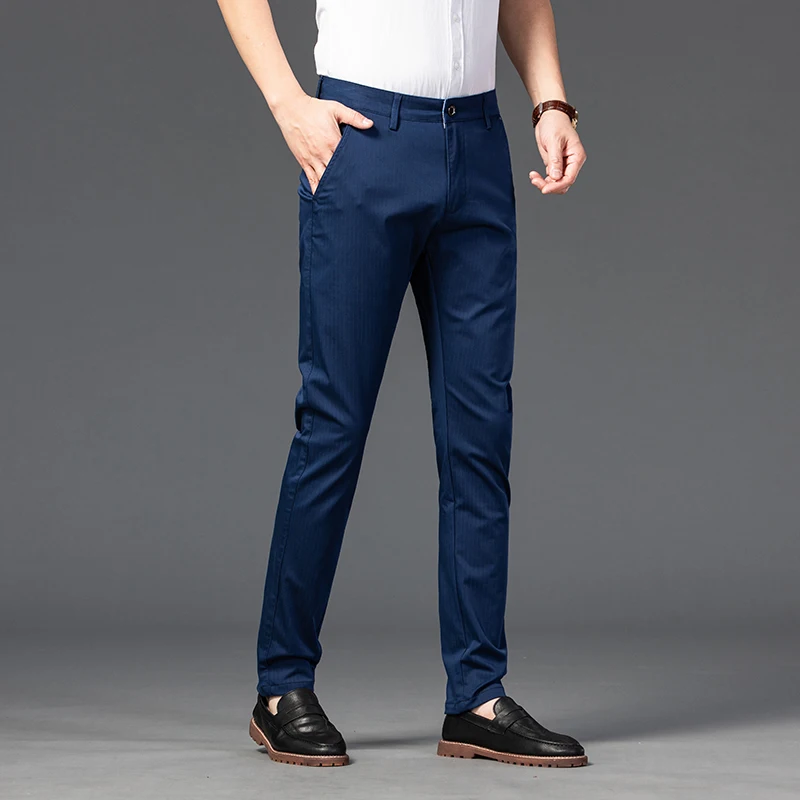 Brand 2024 New Pants Mens Stripe Stretch Pant Straight Slim Fit Business Plaid Formal Wedding Korea Work White Trousers Male