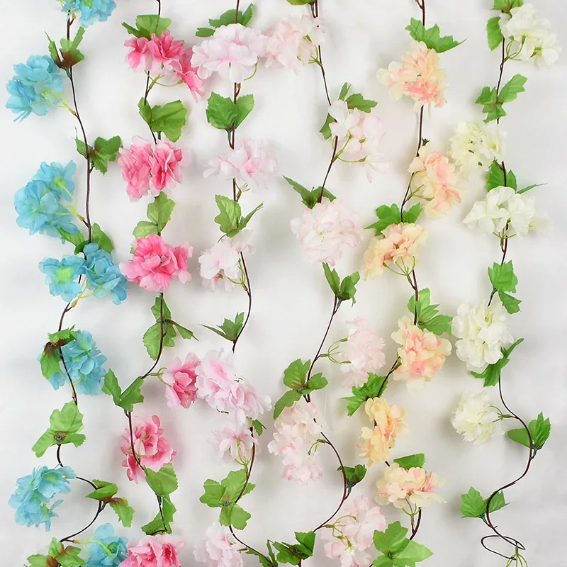 235cm Silk Sakura Cherry Blossom Vine Lvy Artificial Fake Sakura Rattan Wall Hanging Garlands DIY Wreath Wedding Arch Home Decor