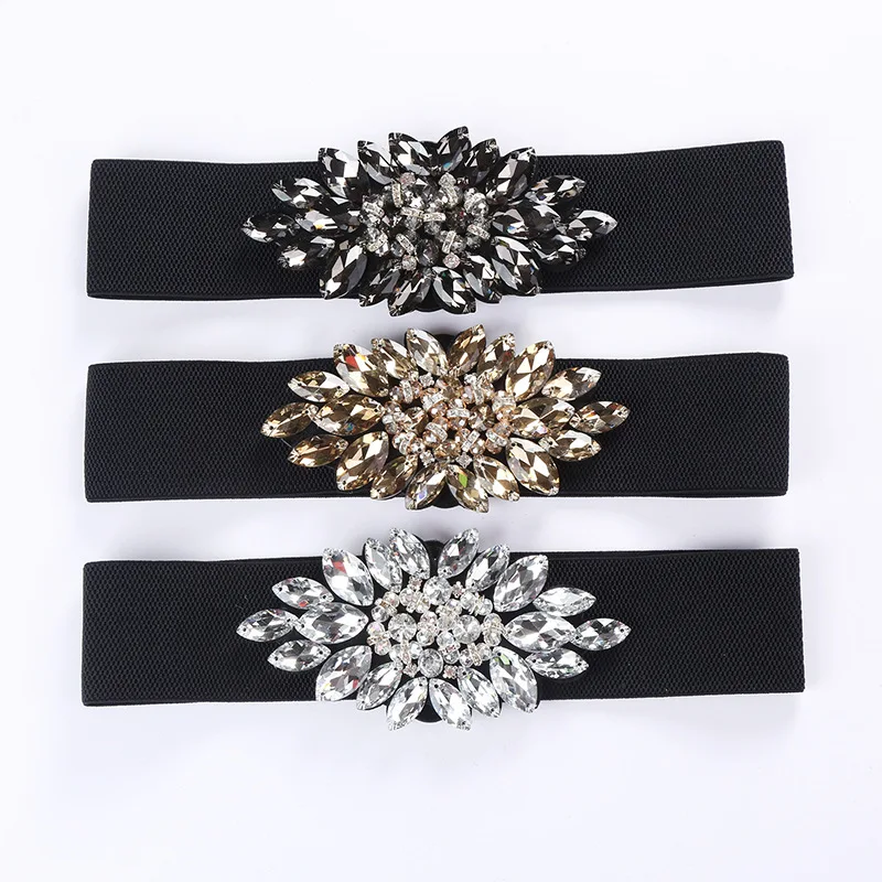 

2019 New Arrival Designer Luxury Crystal Elastic Women Wide Belt with rhinestone Elegant belts for women High Qualit SD232