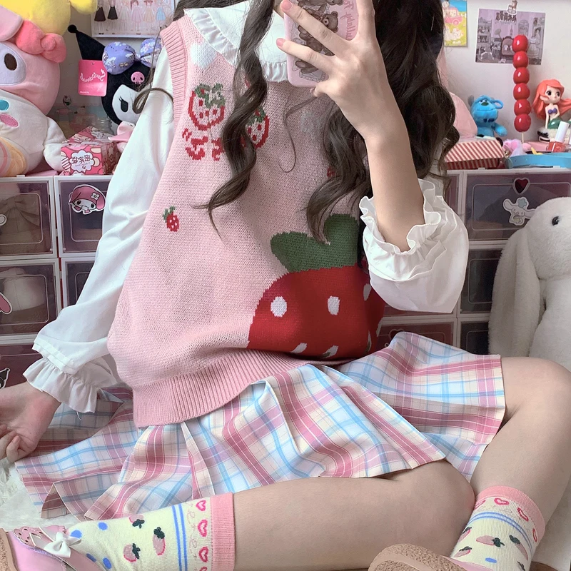 Japanese Kawaii Pink Lolita Style Women Vest Autumn Winter Sleeveless Sweater Lovely Cartoon Warm Knitted Vest Cute Student Tops