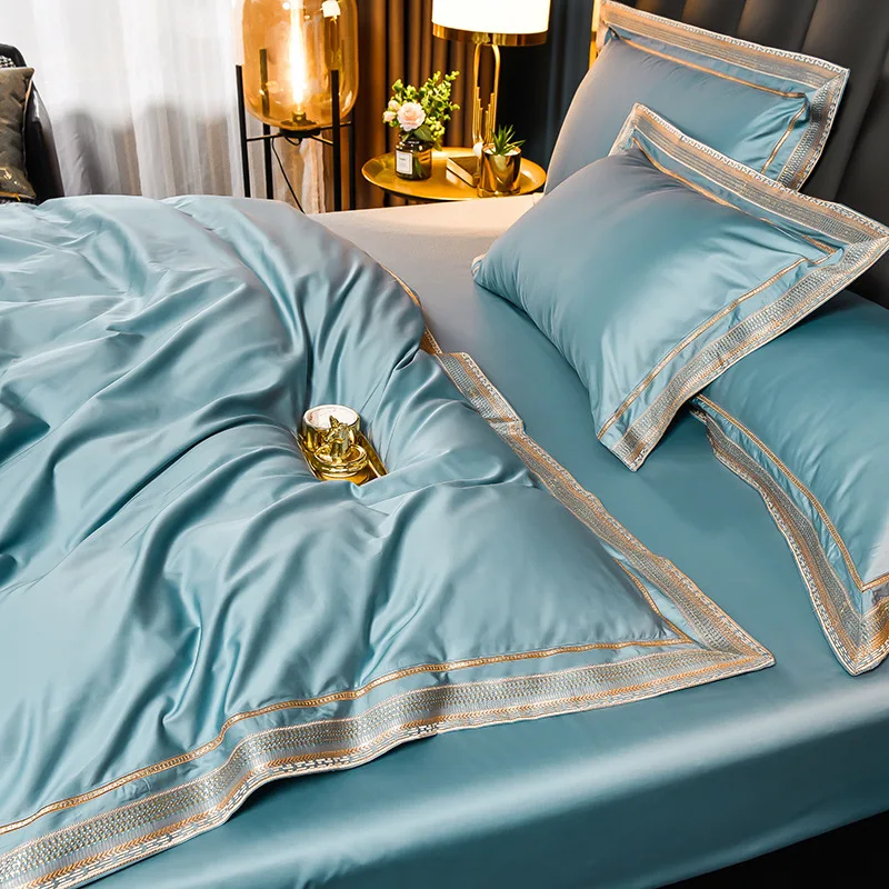 Solid Color Embroidery Bedding Four-piece Set Double Large Bed Sheet Duvet Cover Pillowcases Luxurious Simple Cotton Bedding