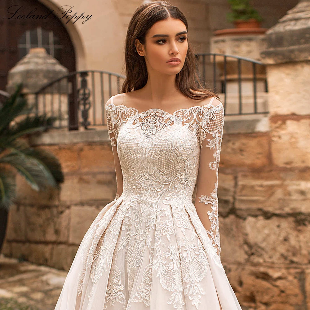 Lceland Poppy Customized A Line Lace Appliques Wedding Dresses Long Sleeves Floor Length Bridal Gowns with Court Train