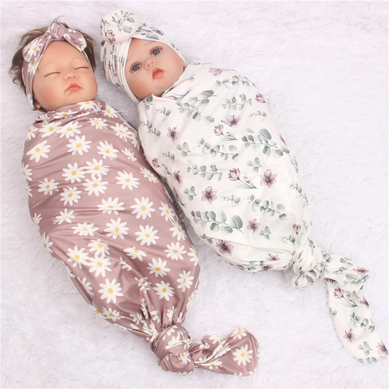 3 Pieces Newborn Baby Floral Print Swaddle Wrap Knotted Beanie Hat Bowknot Headband Set Infant Receiving Blanket Shower Gifts