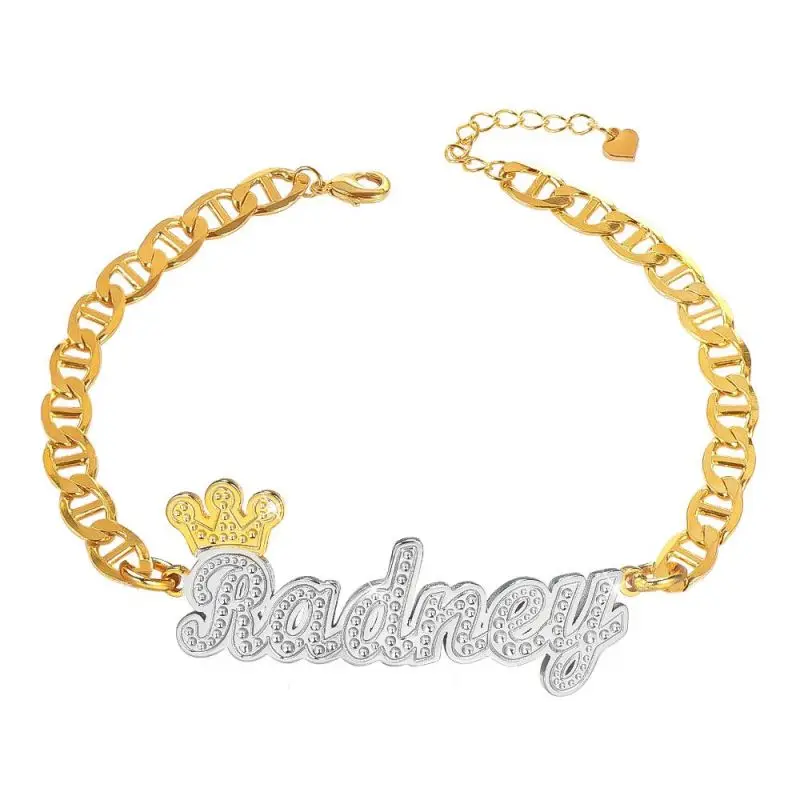 Custom Crown Two Tone Name Bracelet Personalized 3D Name Bracelet Double Layer Gold Plated Name Bangle For Women Jewelry Gift