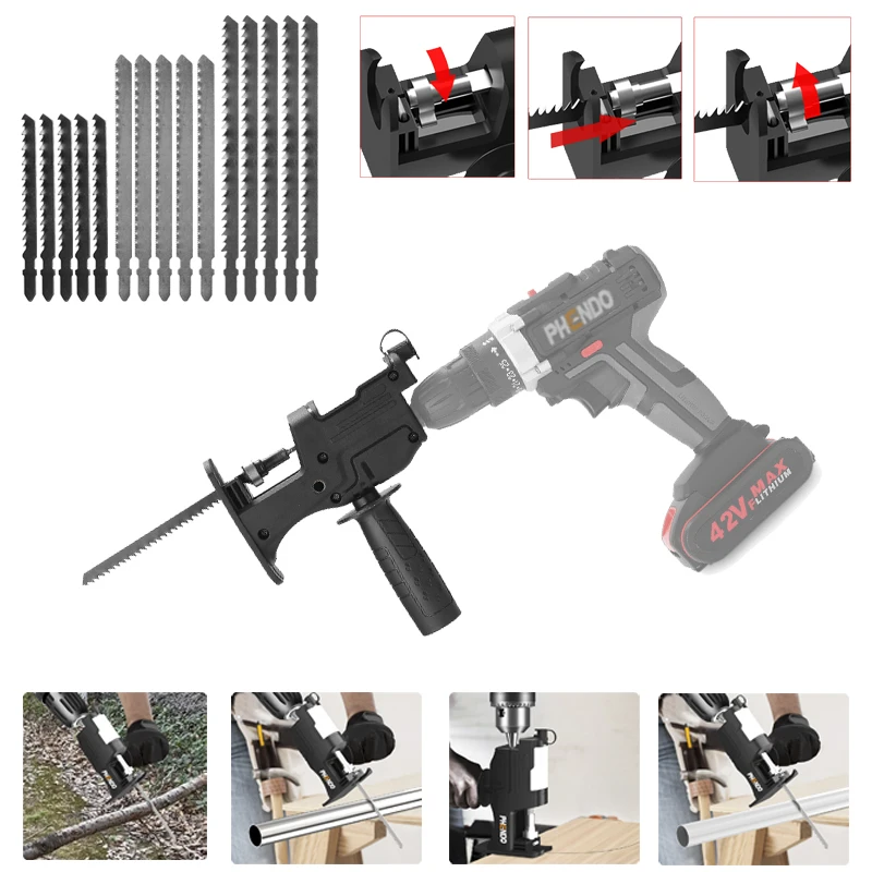 

PHENDO Cordless Reciprocating Saw Adapter Hand Tool Saw Metal Wood PVC Cutter Tool Electric Drill Attachment With Blades