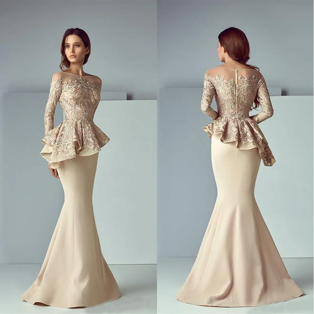 

Applique Prom Party Gown Zipper Evening Dress Floor-Length Trumpet Mermaid Bateau Long Sleeve NONE Train Elastic Satin Custom