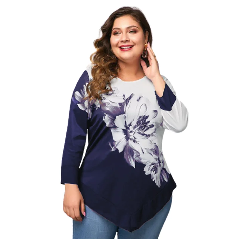 

5XL Plus Size Women Clothing Shirts T-Shirts 3/4 Sleeve Flower Print Casual Tops Sping Summer Lace Patchwork Street Pullover Tee