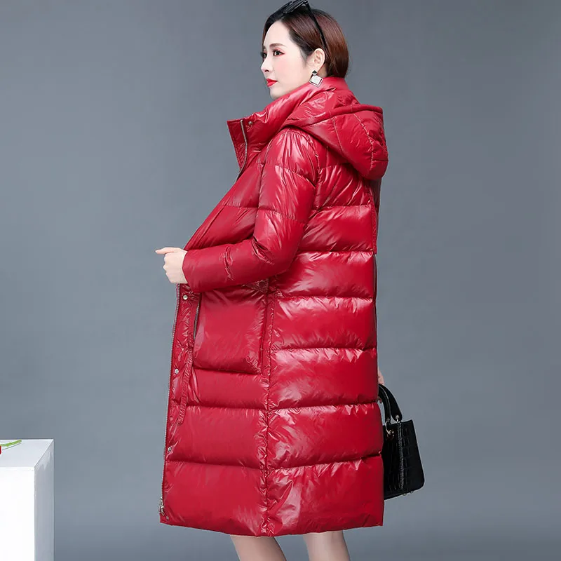 Glossy Down Jacket Ladies Mid-Length Winter New Fashion High-End 90% White Duck Down Slim-Fit Hooded Waterproof Warm Jacket s974