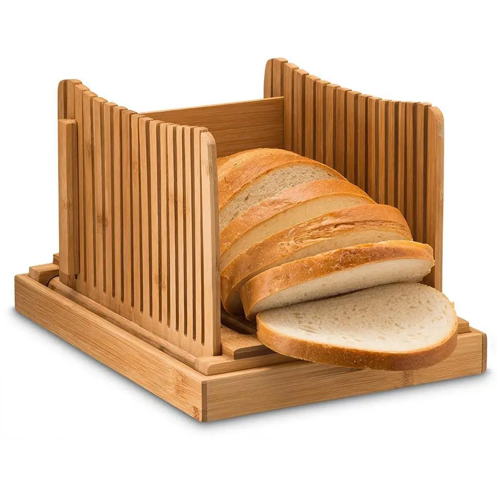 12.48x9.33x7.48in Bamboo Bread Slicer With Crumbs Tray Compact Bamboo Bread Cutter