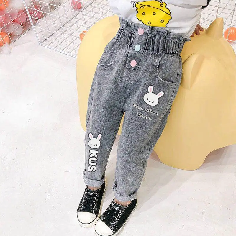 2024 Spring Autumn Girls Fashion High Waist Jeans Pant Baby Kids Children Denim Trousers