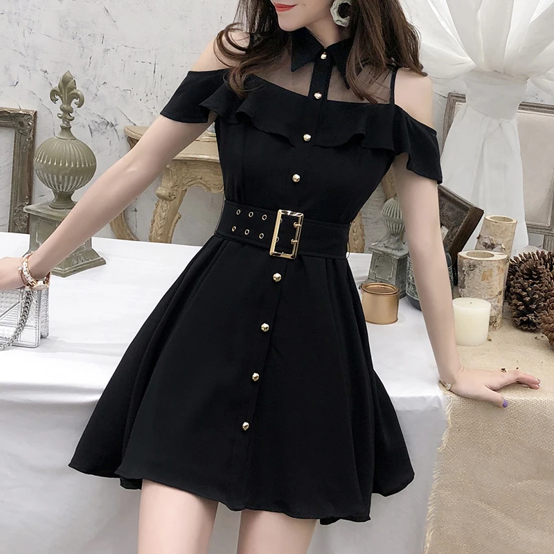 Women\'s Single-Breasted Gothic Dress Black Off Shoulder Mesh Patchwork Female Mini Dresses Belted New Summer 2024