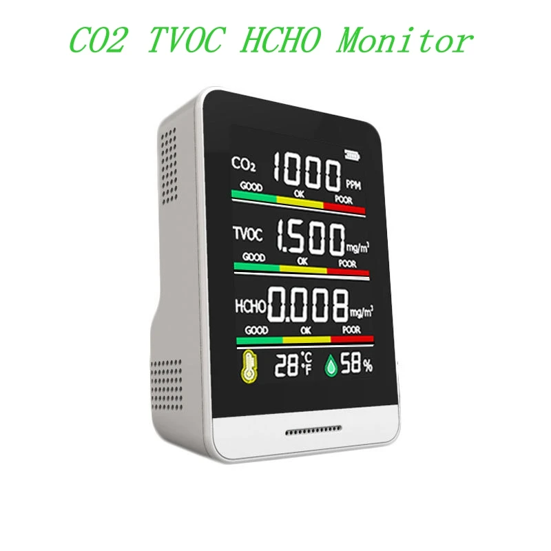 

CO2 Air Quality Detector Color Display Formaldehyde HCHO TVOC Carbon Dioxide Monitor Indoor Thermometer Hygrometer Air Analyzer