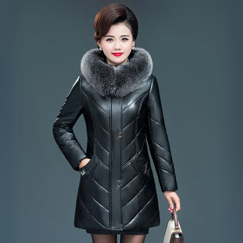 L-7XL Women Split Leather Coat Winter 2024 New Fashion Thick Warm Faux Fur Collar Hooded Sheepskin Jacket Tops Outerwear Female