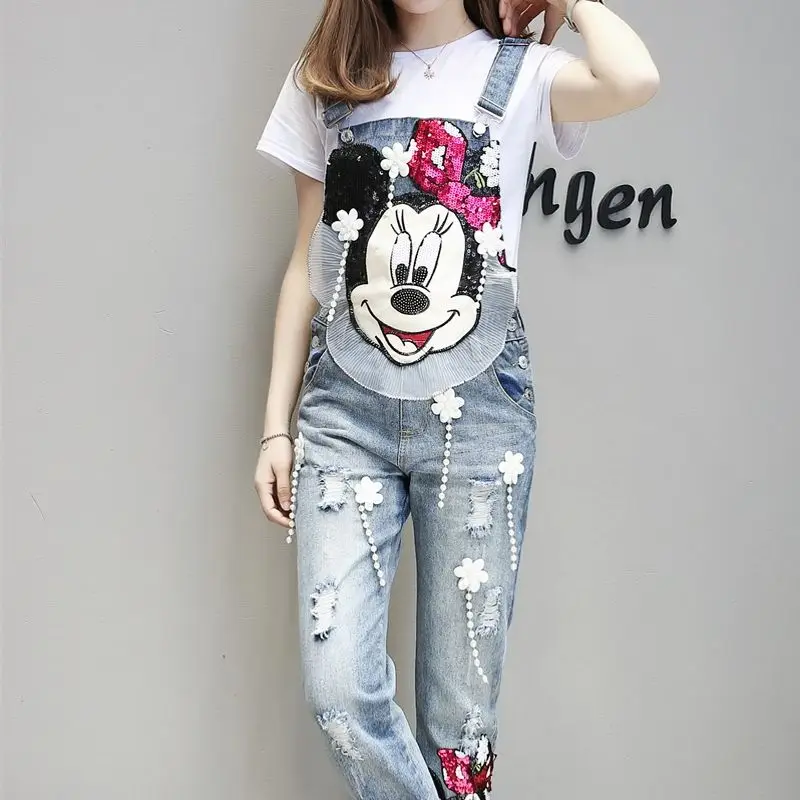 Women Cartoon Sequined Embroidery Wide Leg Loose Ripped Denim Overalls European Jumpsuit Boyfriend Hole Pocket Jeans Romper