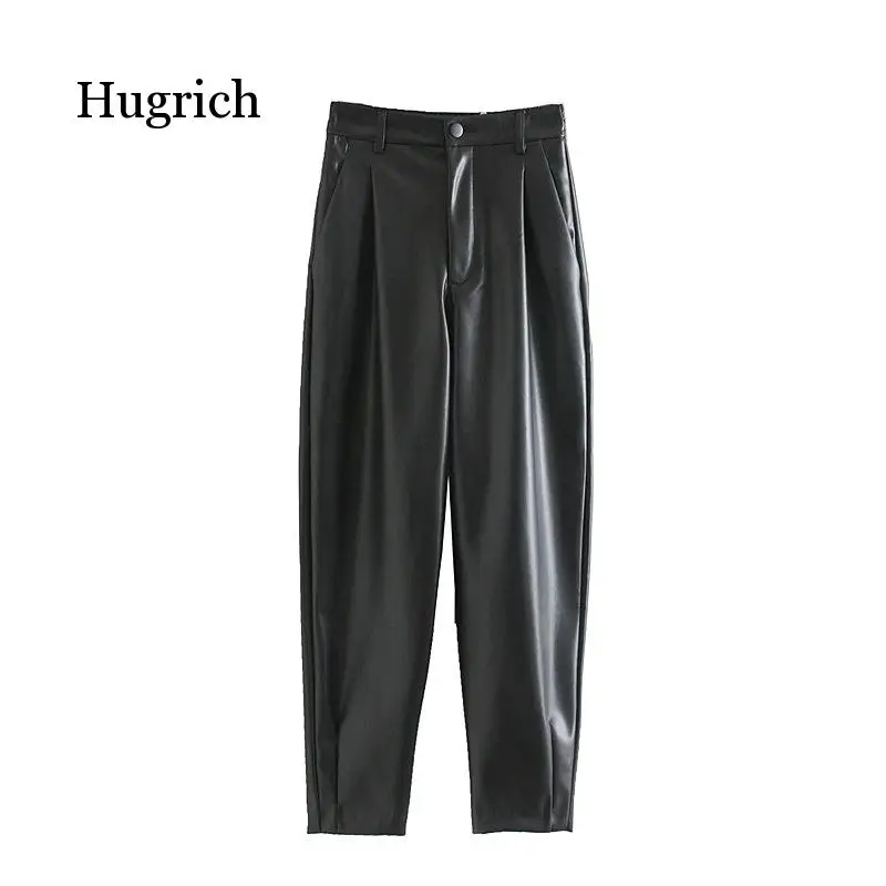 2021 Autumn Women Chic Leather Pants High Waist Trousers Black Faux Pu Leather Pants Woman Elegant Pockets Vintage Streetwear Pa