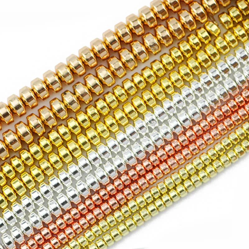Versilbert 4/6/8mm Flach zylinder Hämatit runde Naturstein Abstand halter lose Perlen für Schmuck herstellung DIY Armband Halskette 15"