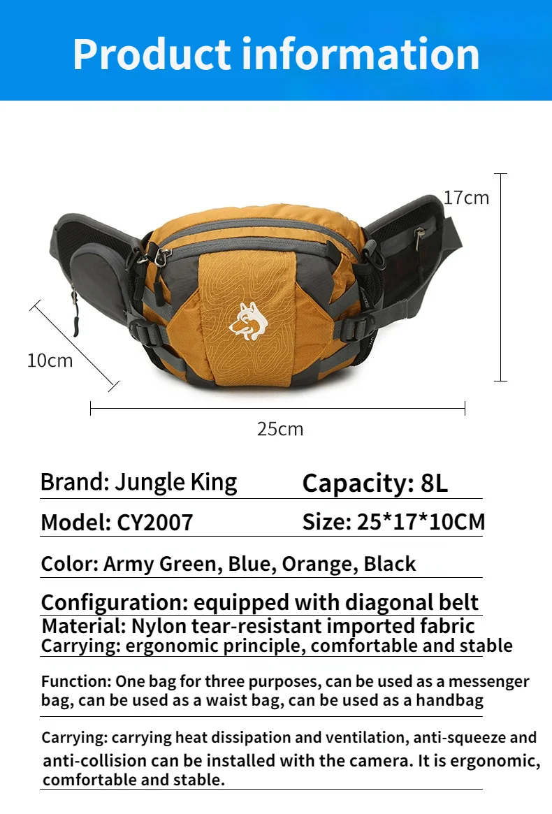 Jungle King CY2007 Newest Outdoor Sports Nylon 8L Running Waist Bag Cycling Mountaineering Large Capacity Three-purpose Backpack