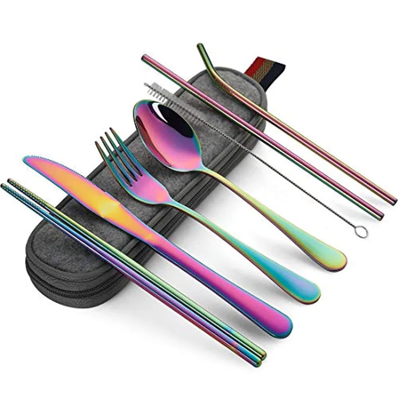 20Set/Lot Tableware Reusable Travel Cutlery Set Camp Utensils Set with stainless steel Spoon Fork Chopsticks Straw Portable Case