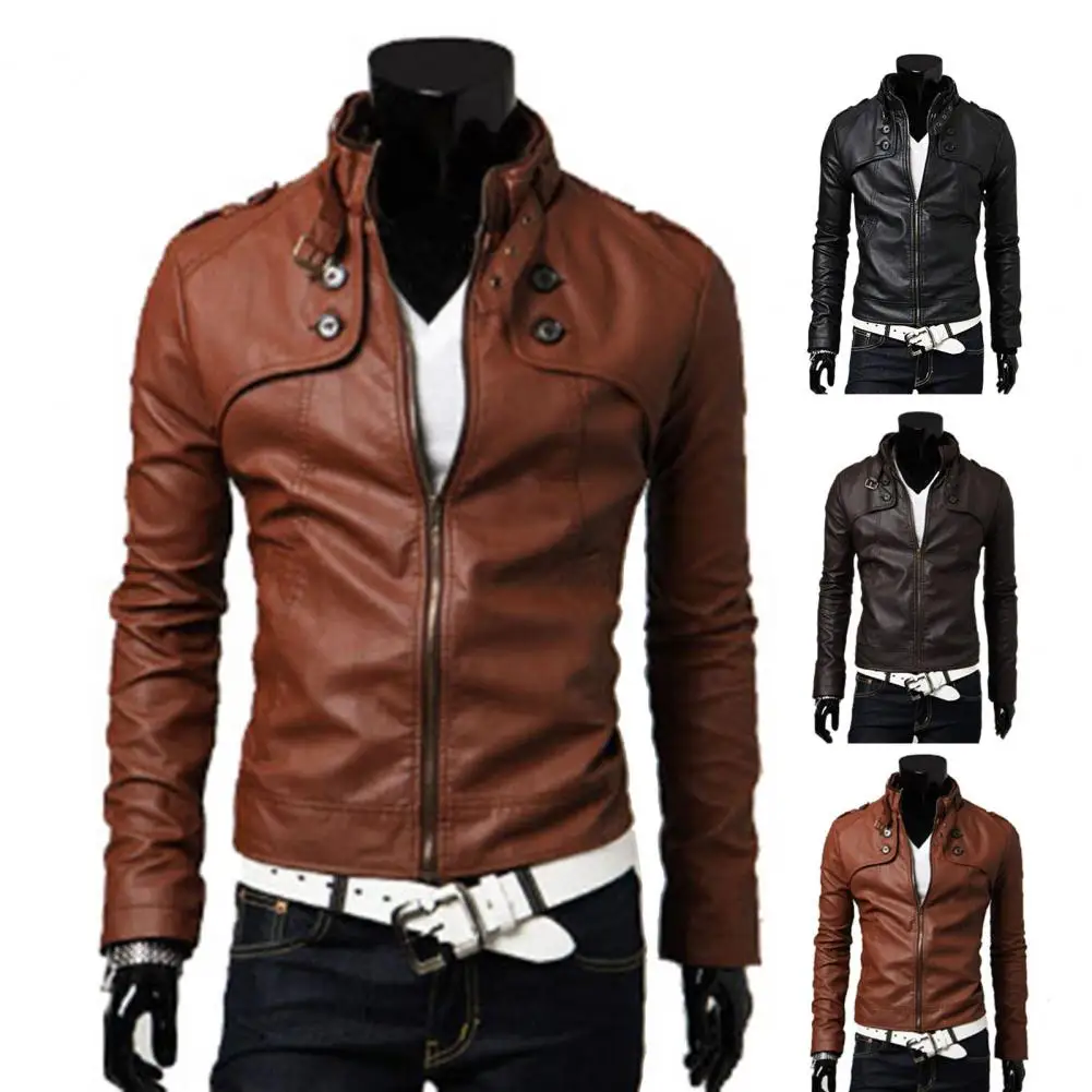 Business Men Jacket Solid Color Stand Collar Smooth Faux Leather Autumn Winter Coat Outwear Leisure Men Jacket for Motorcycling