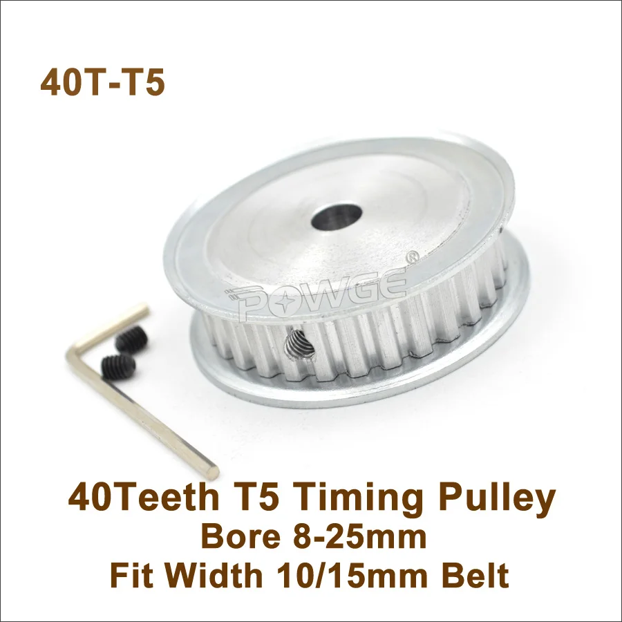 

POWGE 40 Teeth T5 Timing Pulley Bore 8-25mm Fit W=10/15mm T5 Synchronous Belt 40T 40Teeth T5 Timing Belt Pulley 40-T5