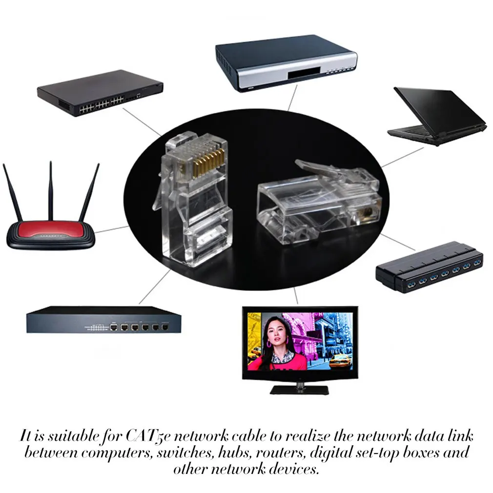 50 sztuk zacisk kablowy przezroczyste kryształowa opaska na głowę 20 sztuk kryształowa opaska na głowę RJ45 CAT5 CAT5E wtyczka modułowa pozłacane złącze sieciowe