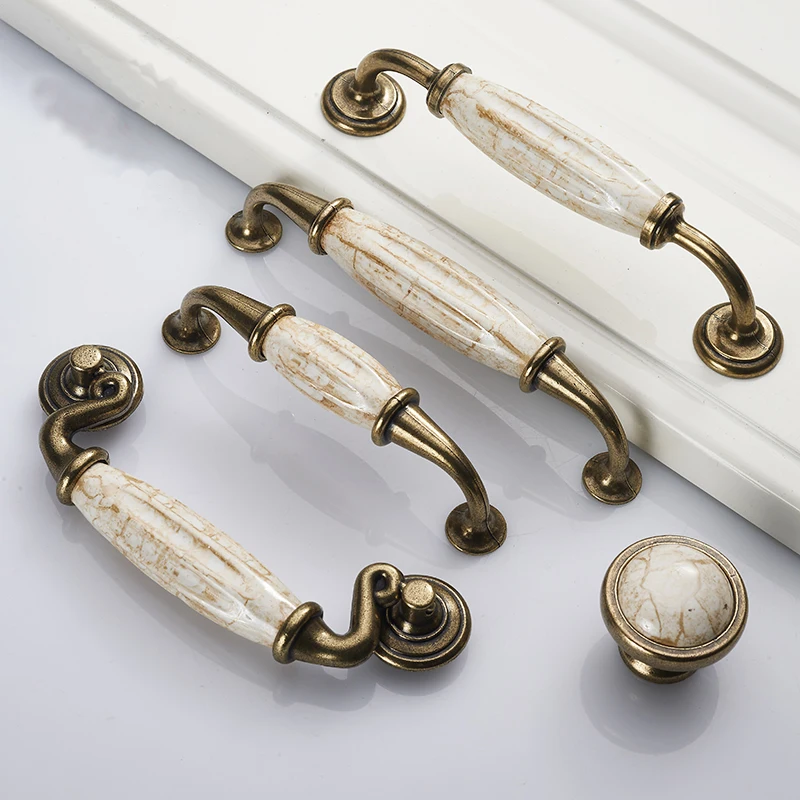 Nordic Luxury Marble Lines Ceramic Cabinet Handles Zinc Alloy Drawer knobs Wardrobe Door Handles Antique Bronze Furniture Handle