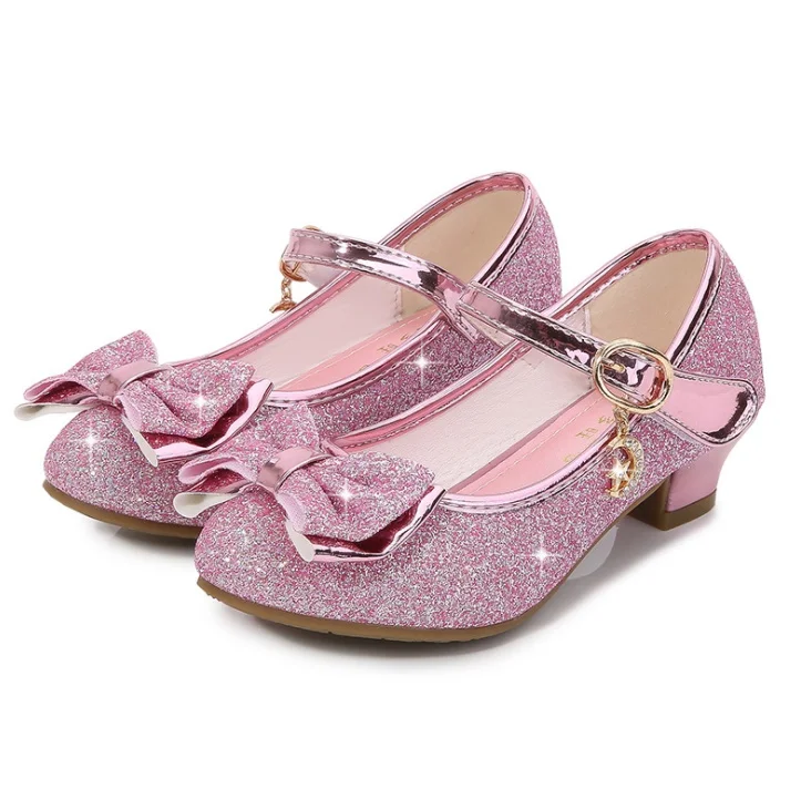 Girls Princess Shoes Butterfly Knot High-Heel Shiny Crystal Shoes Kids Leather Shoes Children's Single Shoes Birthday Present