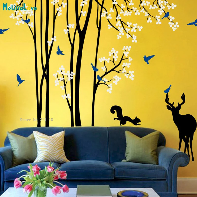 

Long Trees Nursery Tree Wall Decals With Squirrel Deer Lovely Animals Removable New Art DIY Stickers For Kids Room YT4730