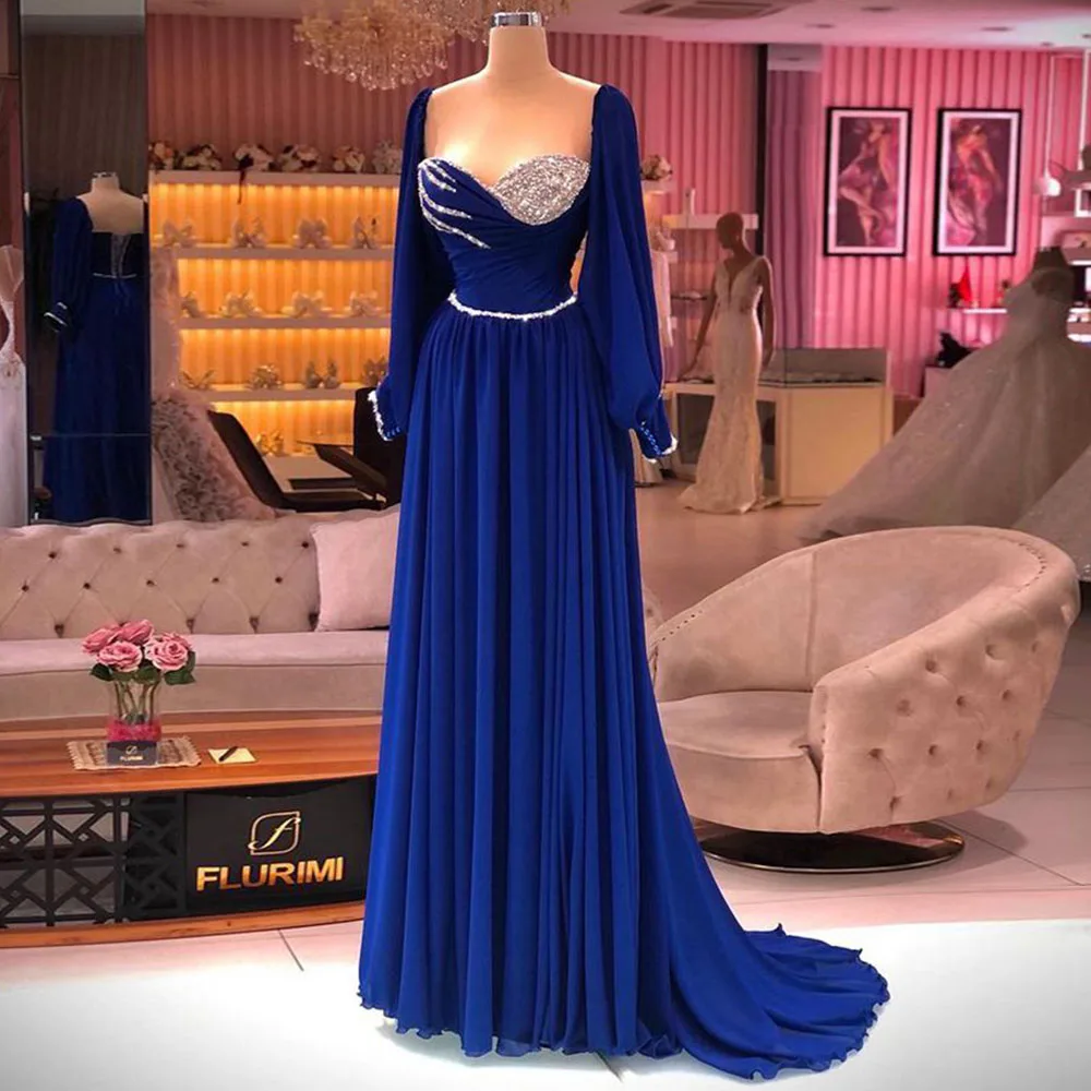 

Angelsbridep Arabic Chiffon Evening Dresses Blue Sweetheart Cap Sleeves Beadings Prom Gown Party Dress abendkleider 2022 dubai