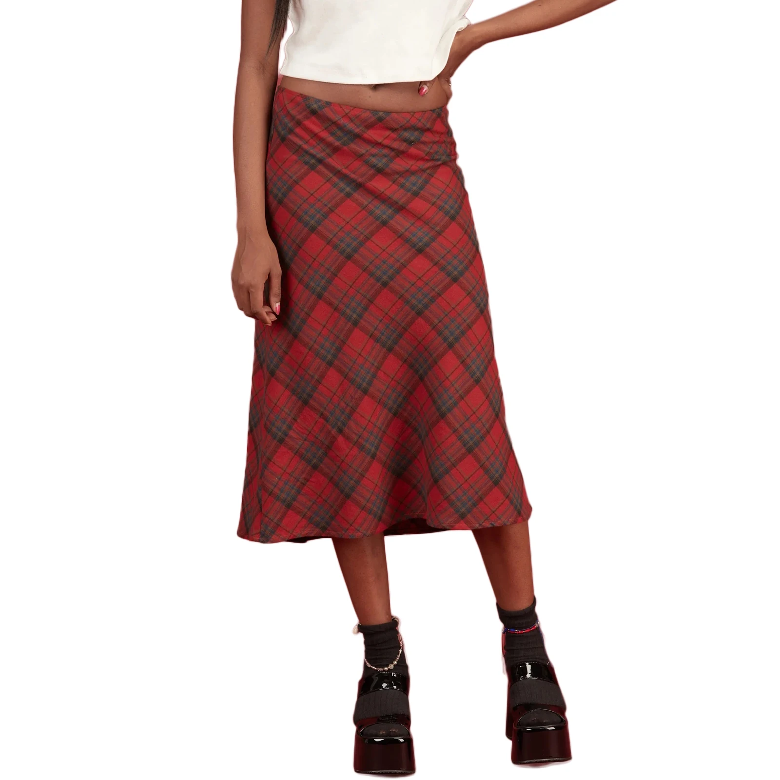 2021 Summer Y2K E-Girls Streetwear Vintage 90s Plaid High Waist Brown Midi Skirts Indie Aesthetics Printing A-Line Long Skirt