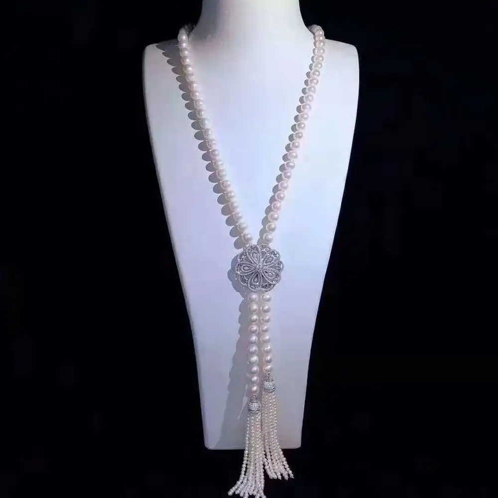 Hand knotted 8-9mm white freshwater pearl micro inlay zircon accessories tassels sweater necklace long 70 15cm