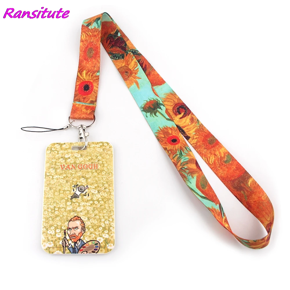 Ransitute R1594 Sunflower Hidden Disability Van Gogh Painting Art KeyChain Lanyard ID Name Work Card Holder Key Ring Holder Gift