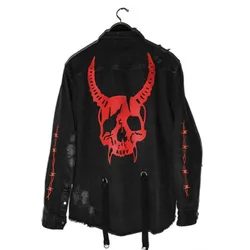 Harajuku Gothic Demon Hunter Skull Black Denim Jacket Men Rock Punk Heavy Metal Sweatshirt Sudadera Suspenders Hole Streetwear