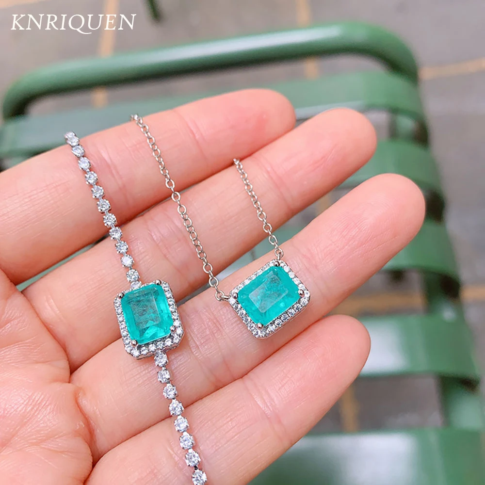 

Charms Women's Wedding Jewelry Sets Vintage 7*9mm Paraiba Tourmaline Emerald Pendant Necklace Bracelet Gift Vintage Accessories