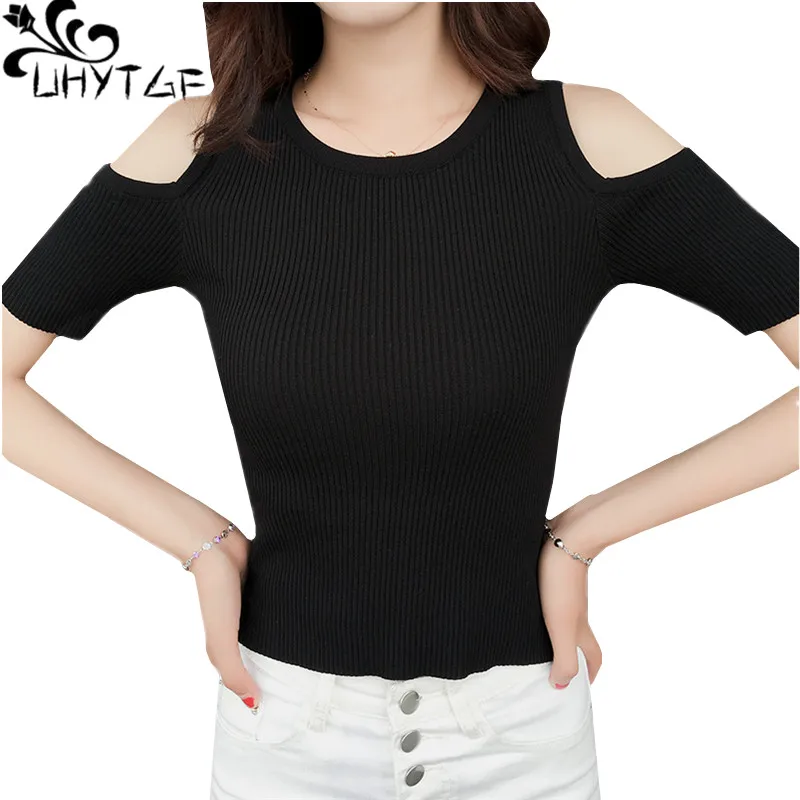 

UHYTGF Woman sweaters pullover Slim Elasticity Knit spring summer sweater shirt female off strapless Sexy elegant Short top 735