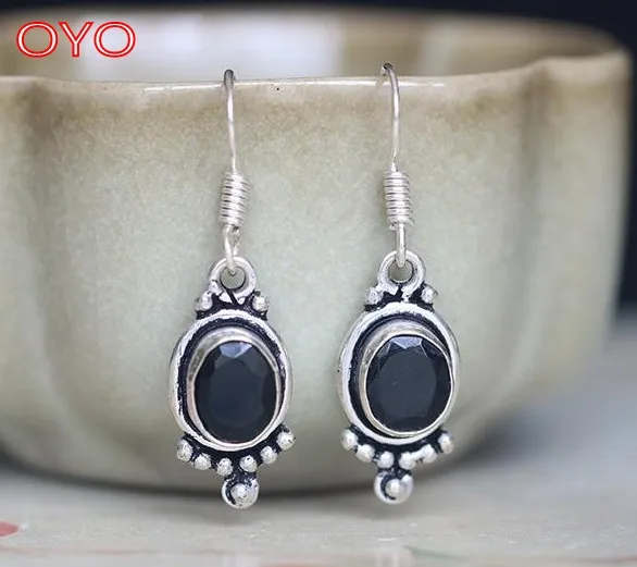 

S925 Sterling Silver Indian Hand Inlaid Natural Black Agate Earrings