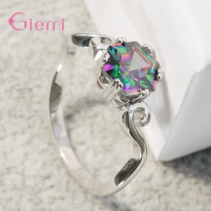 5-12 Big 925 Sterling Silver Jewelry Ring Mystic Rainbow Topaz Cubic Zircon Finger Decoration for Wedding Engagement