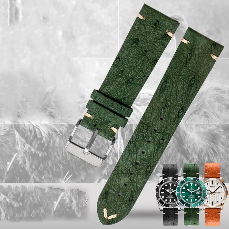 18mm 20mm 22mm Ultra-thin soft handmade ostrich leather black and green for water ghost watch strapsMen\'s and women\'s accessori
